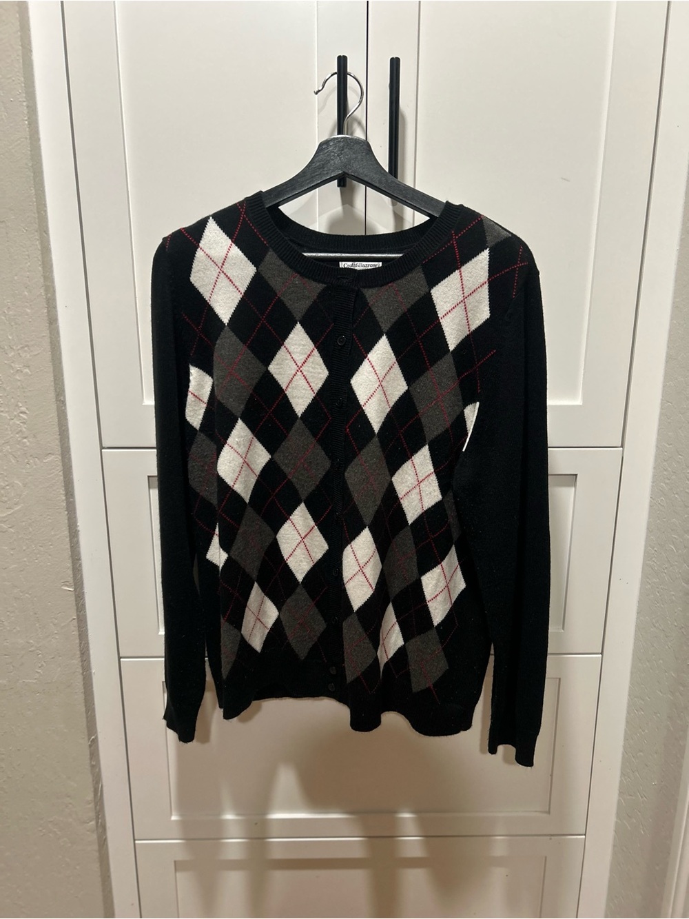 croft & barrow Black Argyle Crewneck Cardigan with Gray and Red Accents